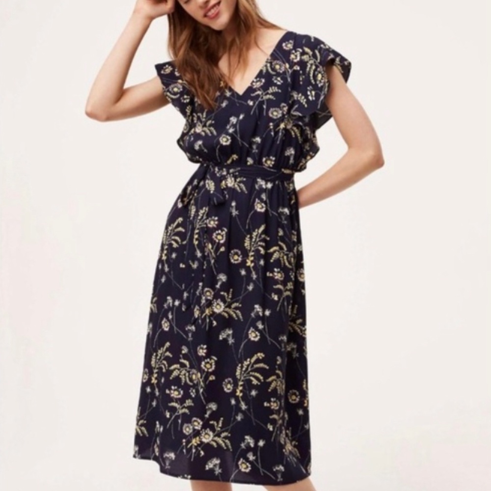 Loft Navy/Floral Flounce Sleeve Midi  Dress, S
